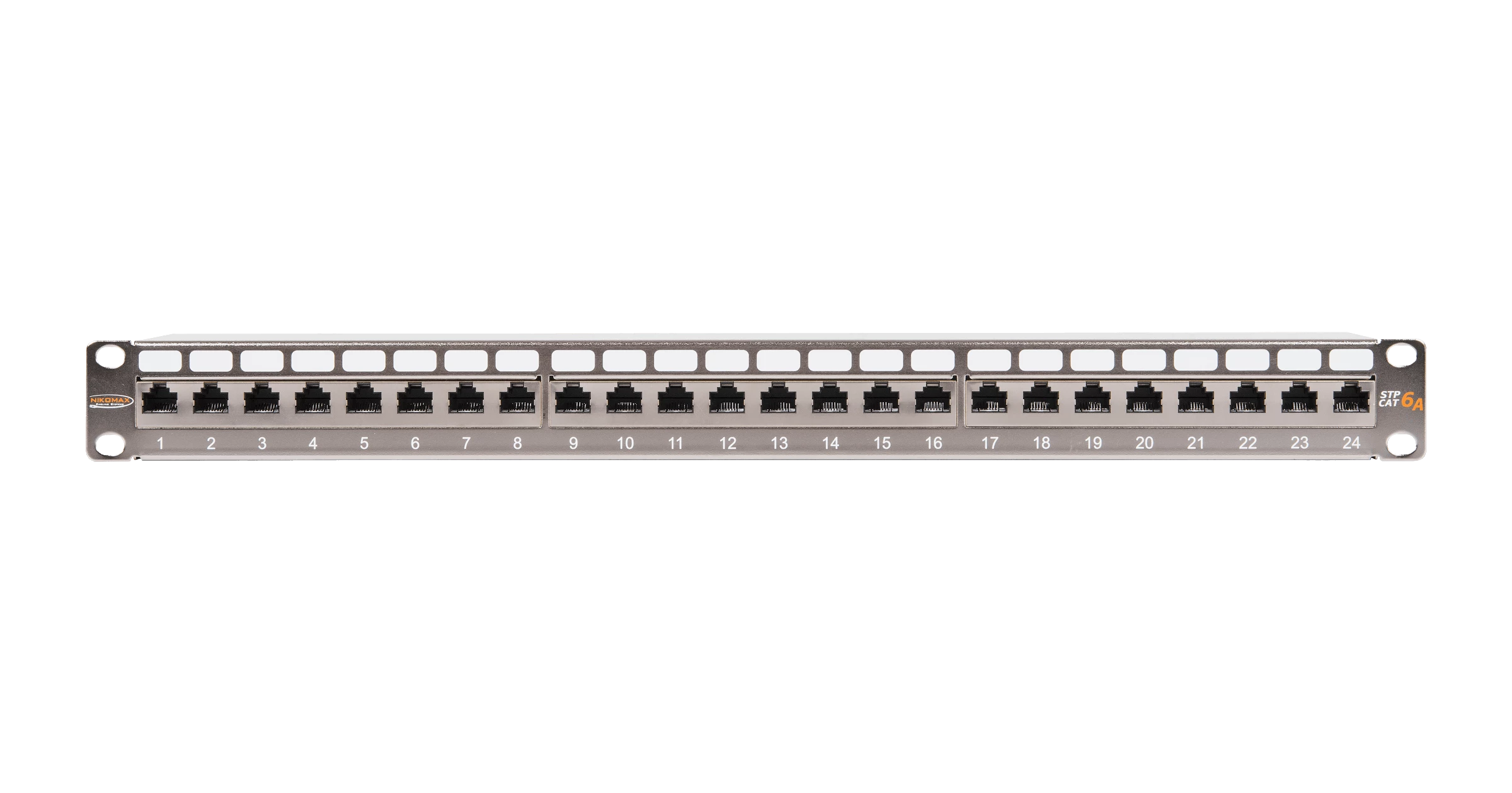 Коммутационная панель NIKOMAX 19", 1U, 24 порта, Кат.6a (Класс Ea), 500МГц, RJ45/8P8C, 110/KRONE, T568B, полный экран, с органайзером, металлик - гарантия: 5 лет расширенная / 25 лет системная