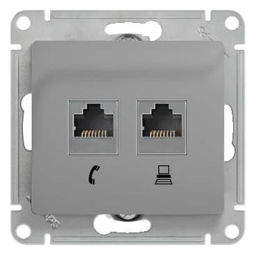 Двойная компьютерная розетка GLOSSA RJ11+RJ45, кат.5E, механизм, алюминий