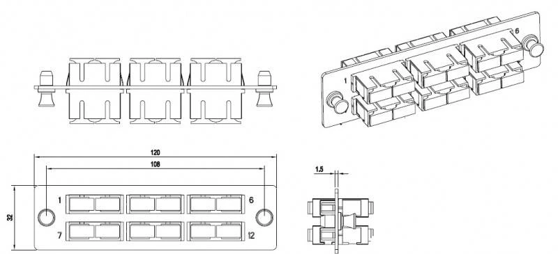 Панель для FO-19BX с 6 SC (duplex) адаптерами, 12 волокон, одномод, 120x32 мм, адаптеры цвета синий (blue) Hyperline
