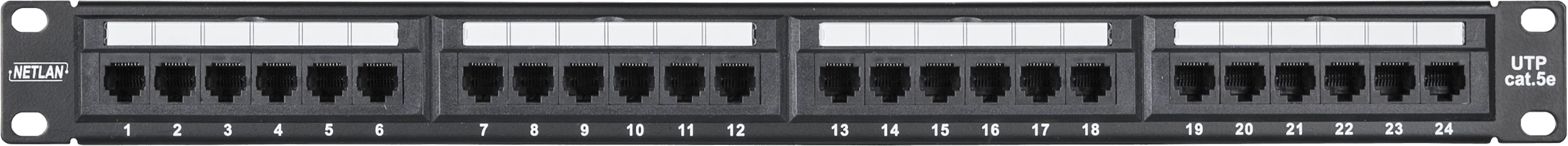 Коммутационная панель NETLAN 19", 1U, 24 порта, Кат.5e (Класс D), 100МГц, RJ45/8P8C, 110/KRONE, T568A/B, неэкранированная, черная