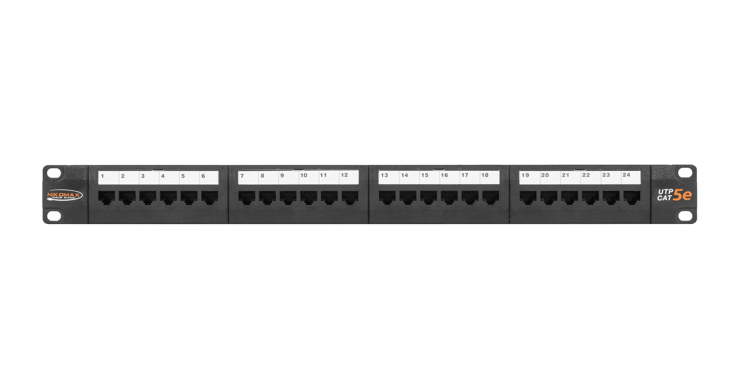 Коммутационная панель NIKOMAX 19", 1U, 24 порта, Кат.5e (Класс D), 100МГц, RJ45/8P8C, 110/KRONE, T568A/B, неэкранированная, с органайзером, черная - гарантия: 5 лет расширенная / 25 лет системная