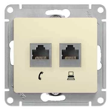 Двойная компьютерная розетка GLOSSA RJ45+RJ45, кат.5E, механизм, бежевый