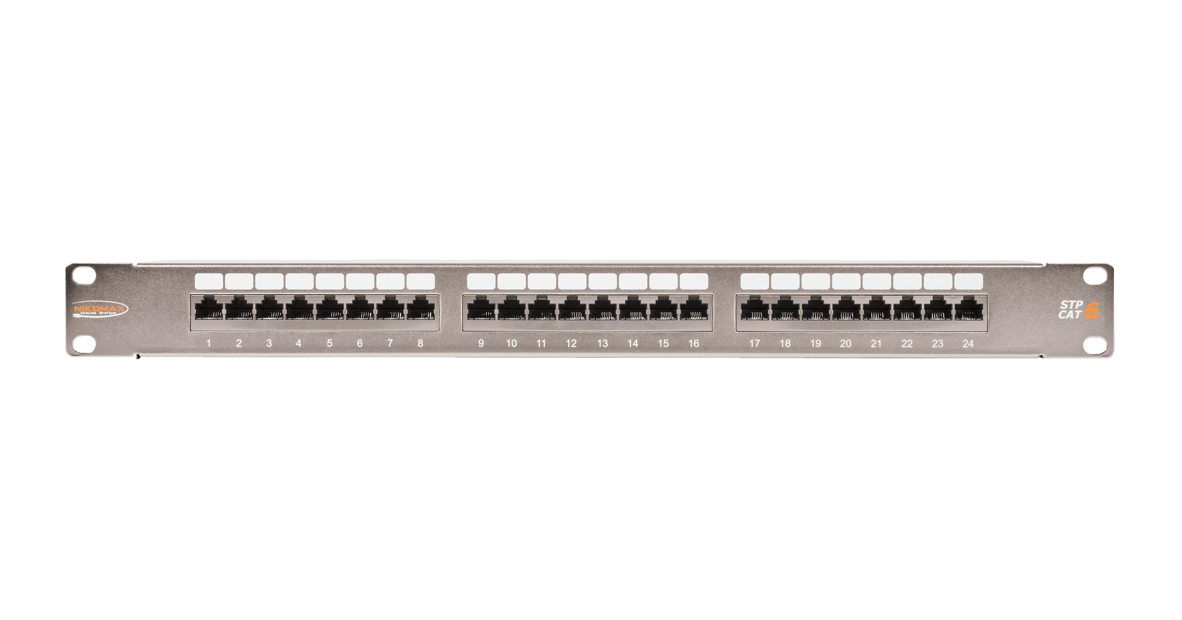 Коммутационная панель NIKOMAX 19", 1U, 24 порта, Кат.6 (Класс E), 250МГц, RJ45/8P8C, 110/KRONE, T568A/B, полный экран, с органайзером, металлик - гарантия: 5 лет расширенная / 25 лет системная