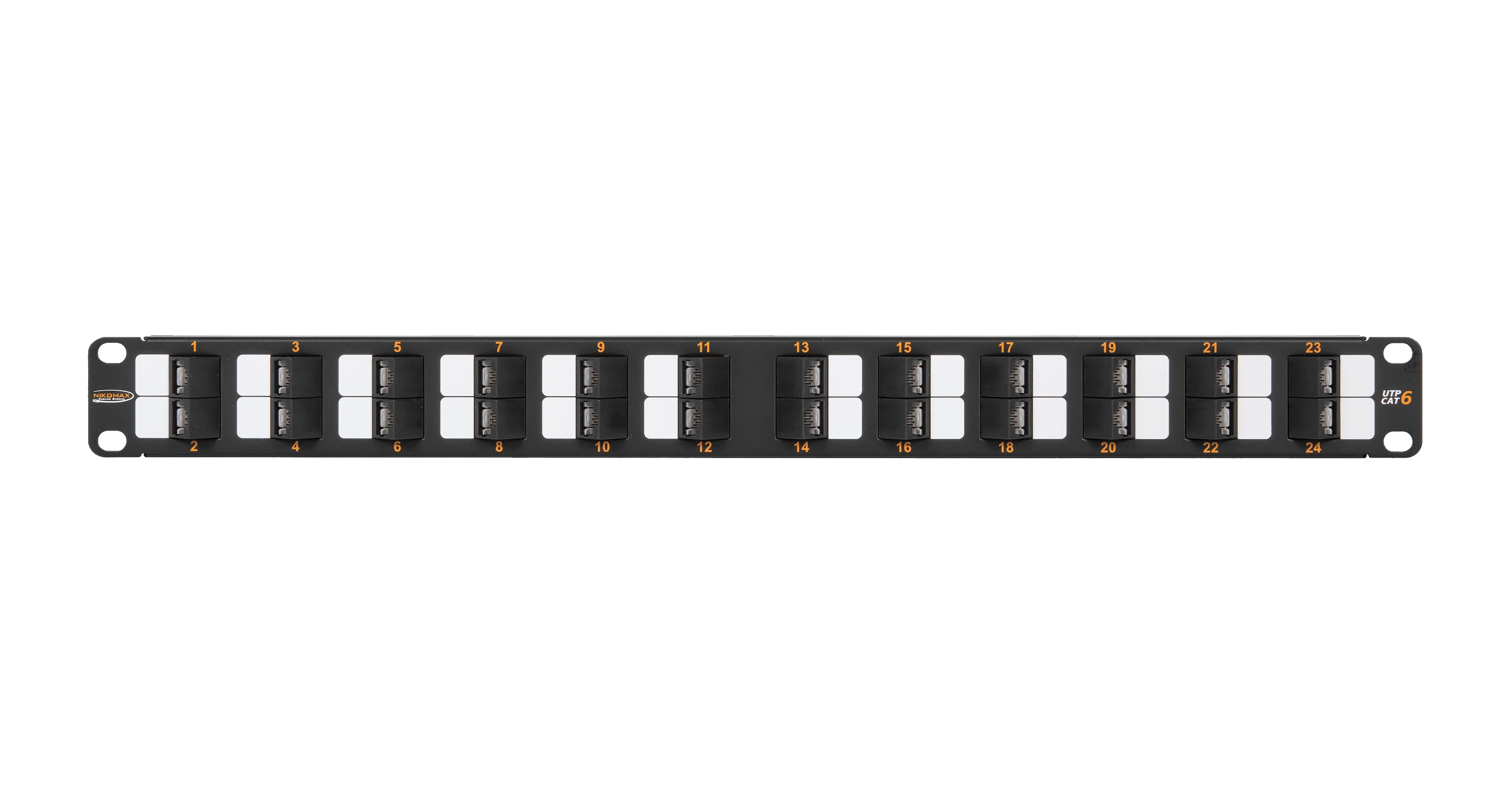 Коммутационная панель NIKOMAX 19", 1U, 24 угловых порта, Кат.6 (Класс E), 250МГц, RJ45/8P8C, 110/KRONE, T568A/B, неэкранированная, с органайзером, черная - гарантия: 5 лет расширенная / 25 лет системная